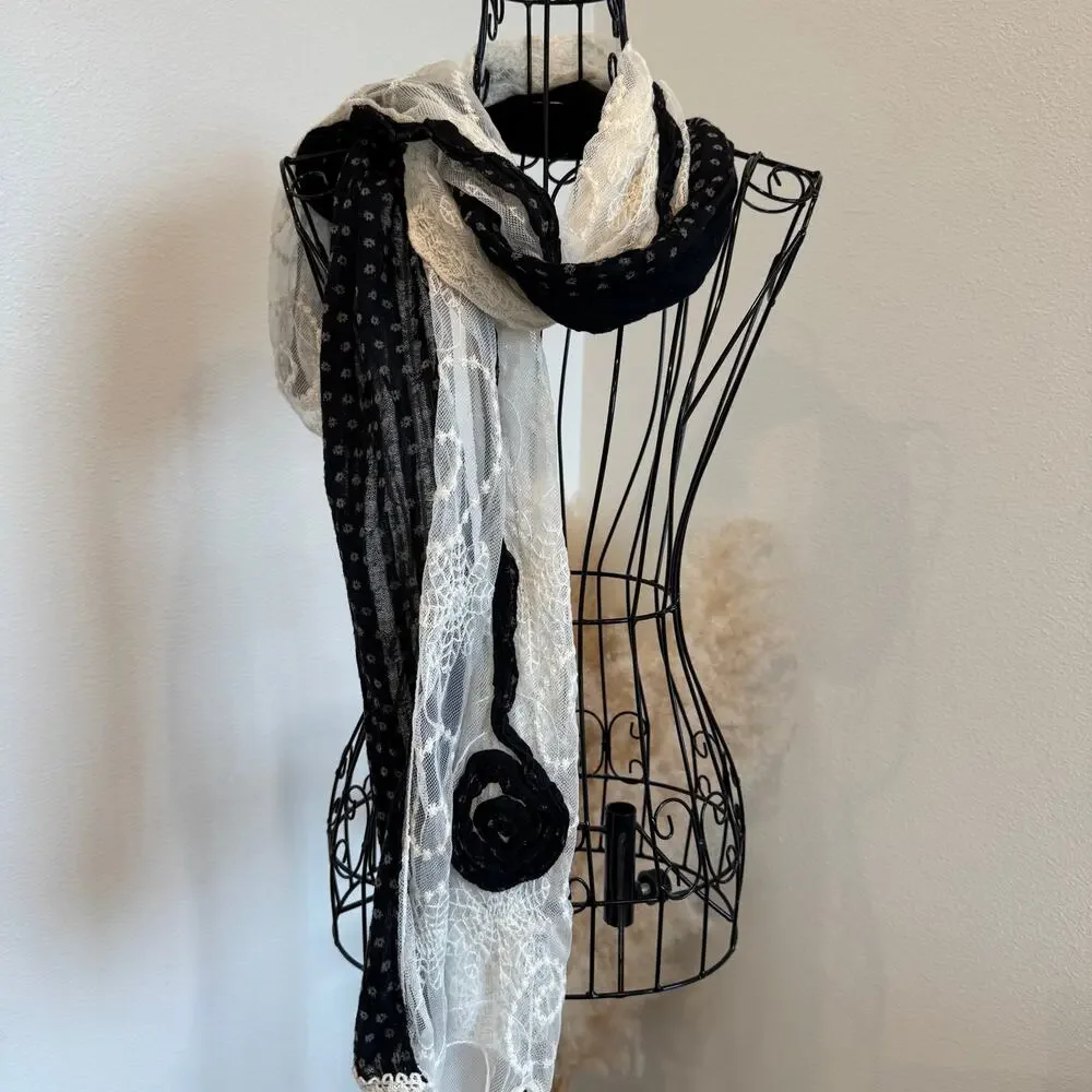 Vintage Cottagecore Lace Mesh Rosette Wrap Scarf Boho Shabby Chic